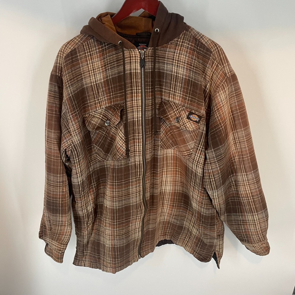 Dickies Plaid Hooded Utility Quilt Lined Workwear Overshirt Jacket Brown Mens L